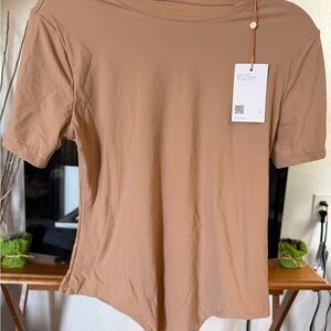Quince Nude Stretch Bodysuit XL Short Sleeve Crewneck Minimalist Capsule
